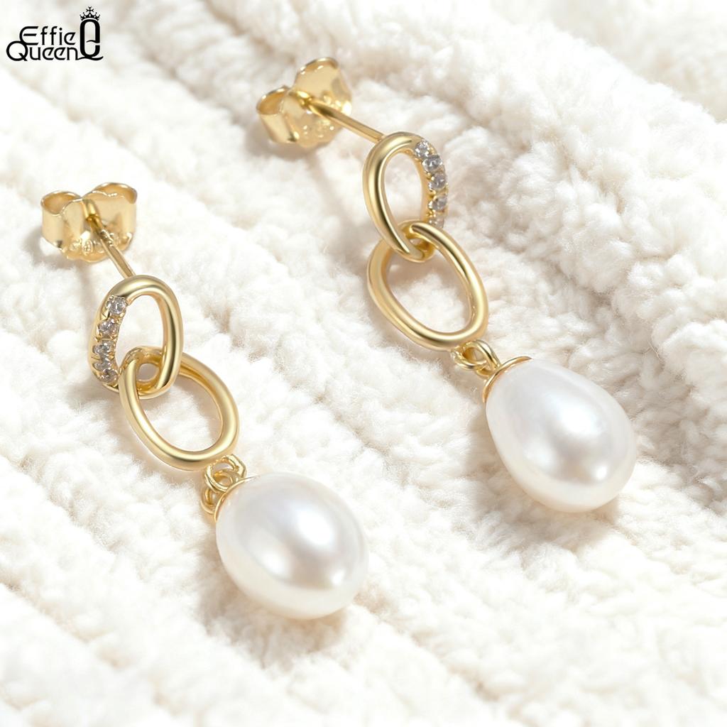 Effie Queen 925 Massiv Sterling Silber 14 Karat Gold Oval Perlen Hängeohrringe Mit Zirkonia Romantischer Schmuck für Damen Bankett GPE67