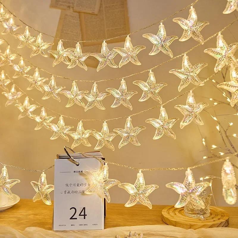 LED Ocean Shell Lights String Battery Operated Fairy Lights Seahorse Starfish Theme Bedroom Living Room Wedding Party Decorative