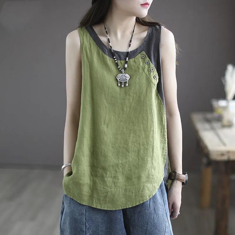 Damen Sommer Asymmetrisches Lockeres Baumwoll-Ärmelloses Oberteil Knopfdekoration Patchwork-Design Bequemes Oberteil