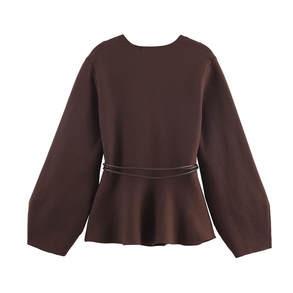Autumn Women's V-neck Belted Knit Cardigan Sweater Coat