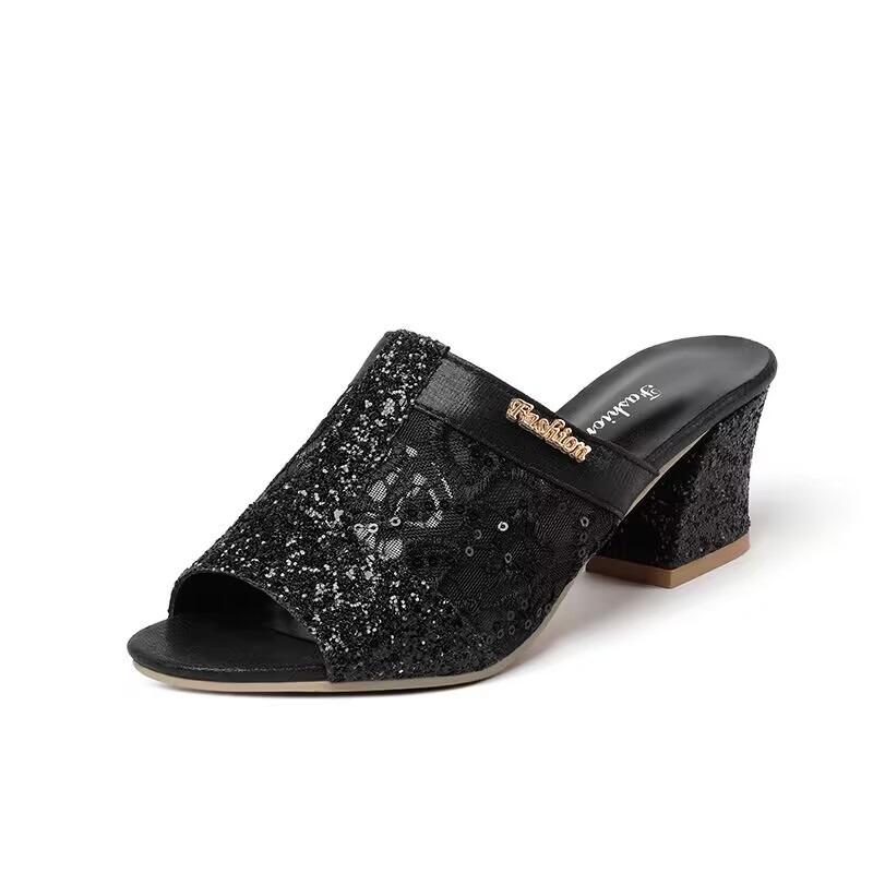 Sandals Women's New Summer Models, Fish Mouth Middle Heel Mesh Thick Heel Sequins Casual Large Size Sandals