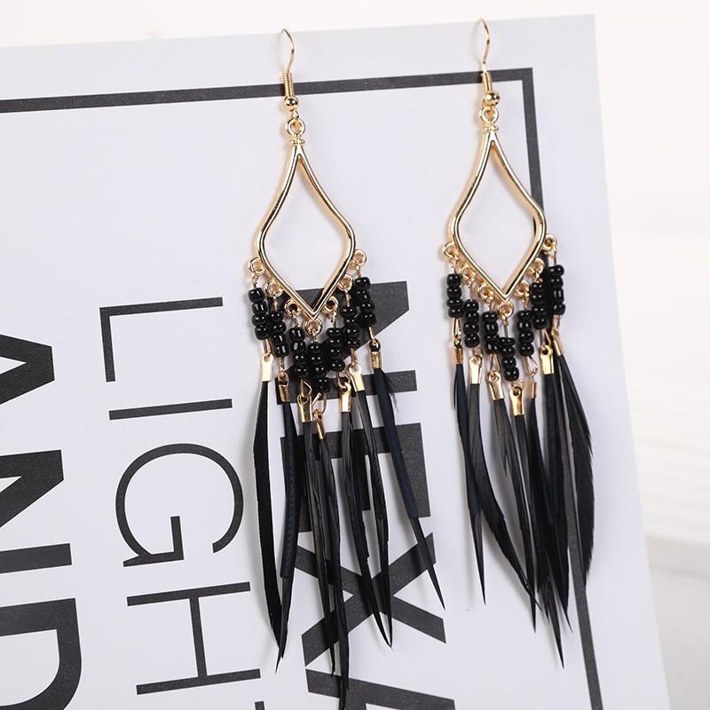 Vintage Bohemian Feather Tassel Earrings Exaggerated Ethnic Vacation Dangle Ear Jewelry Fashion Accessories For Women