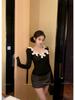 Women's Slim Fit Black U-neck Long-sleeve T-shirt with Bowknot and Waist-cinching Design