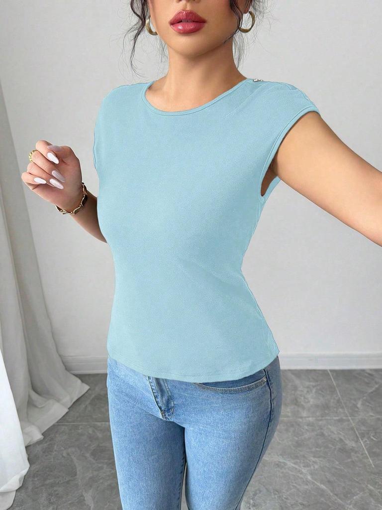 European-American Fashion Women's Solid Color Slim Fit Round Neck Short Sleeve Bodycon T-shirt