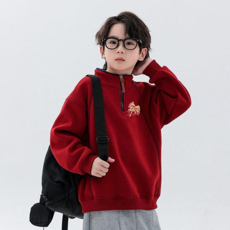 Boys Fleece Lined Half Zip Stand Collar Sweatshirt Warm Long Sleeve Jacket for Big Kids Chinese New Year Outfit 120