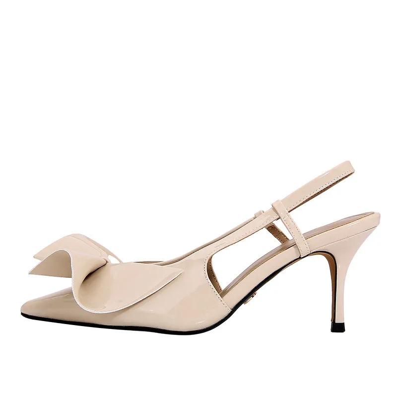 Fashion Sexy Pointed Toe Slingbacks Mules Heeled Sandals Women  Designer Beige Patent Leather Pumps Fashion Bow Party Shoes Office Heels