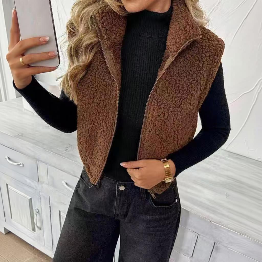 Damen Mode Ärmellos Reißverschluss Plüsch Weste Kurze Strickjacke Jacke Farbdruck