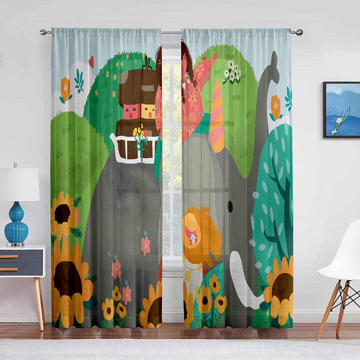 Мультяшные дикие животные Прозрачная вуалевая занавеска Тигр Слон Жираф Оконные шифоновые — фото 7