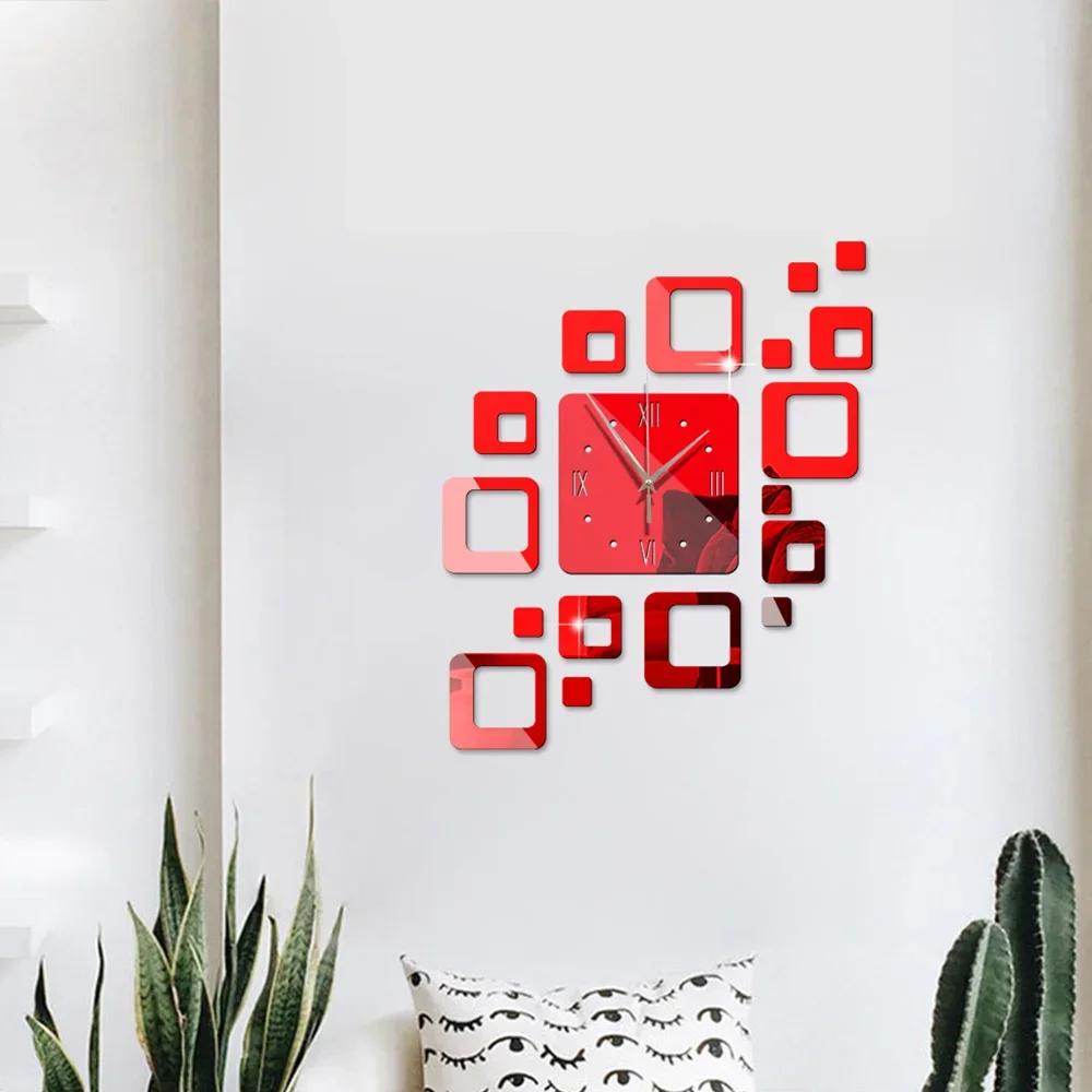 Acrylic Creative Hollow Square Mirror Wall Clock Diy Stickers Personality Mute Modern Design Home Decoration Watch