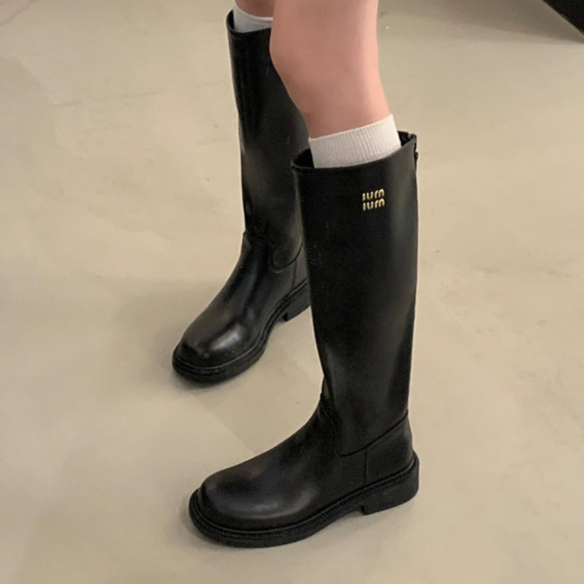 

2025 new British retro simple black zipper boots slim big tube circumference high boots but knee knight boots 40 чёрный