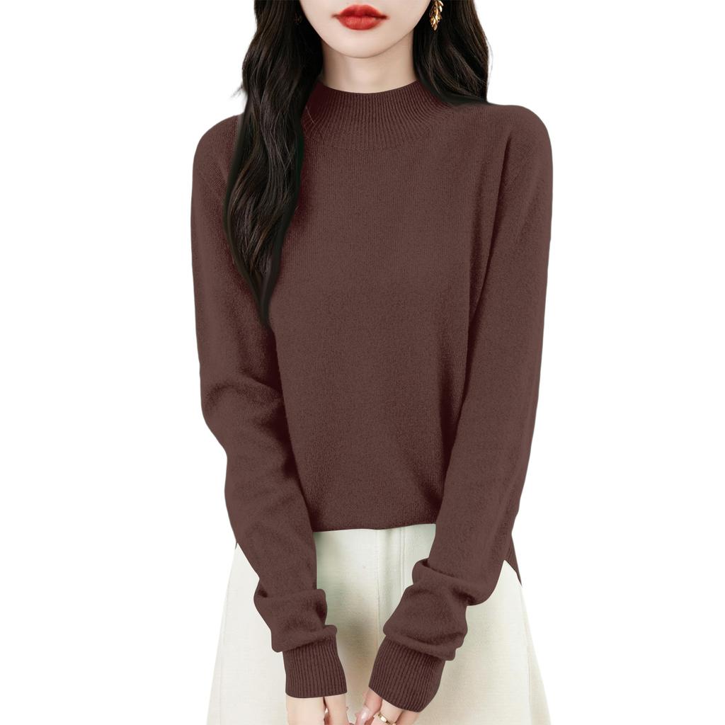 Women's Fashion Flat-Knit Half-Turtleneck Pullover Sweater Solid Color Long-Sleeve Top