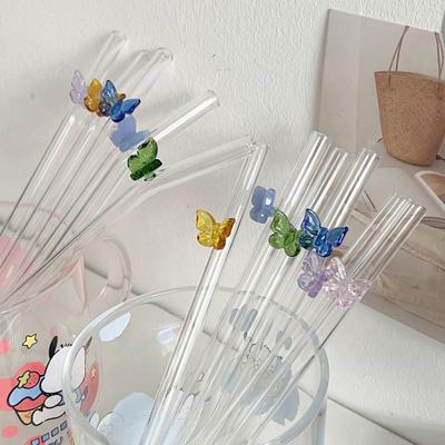 Glass Reusable Straw Colorful Butterfly Design Glass Straw Heat-Resistant Transparent Borosilicate Straws