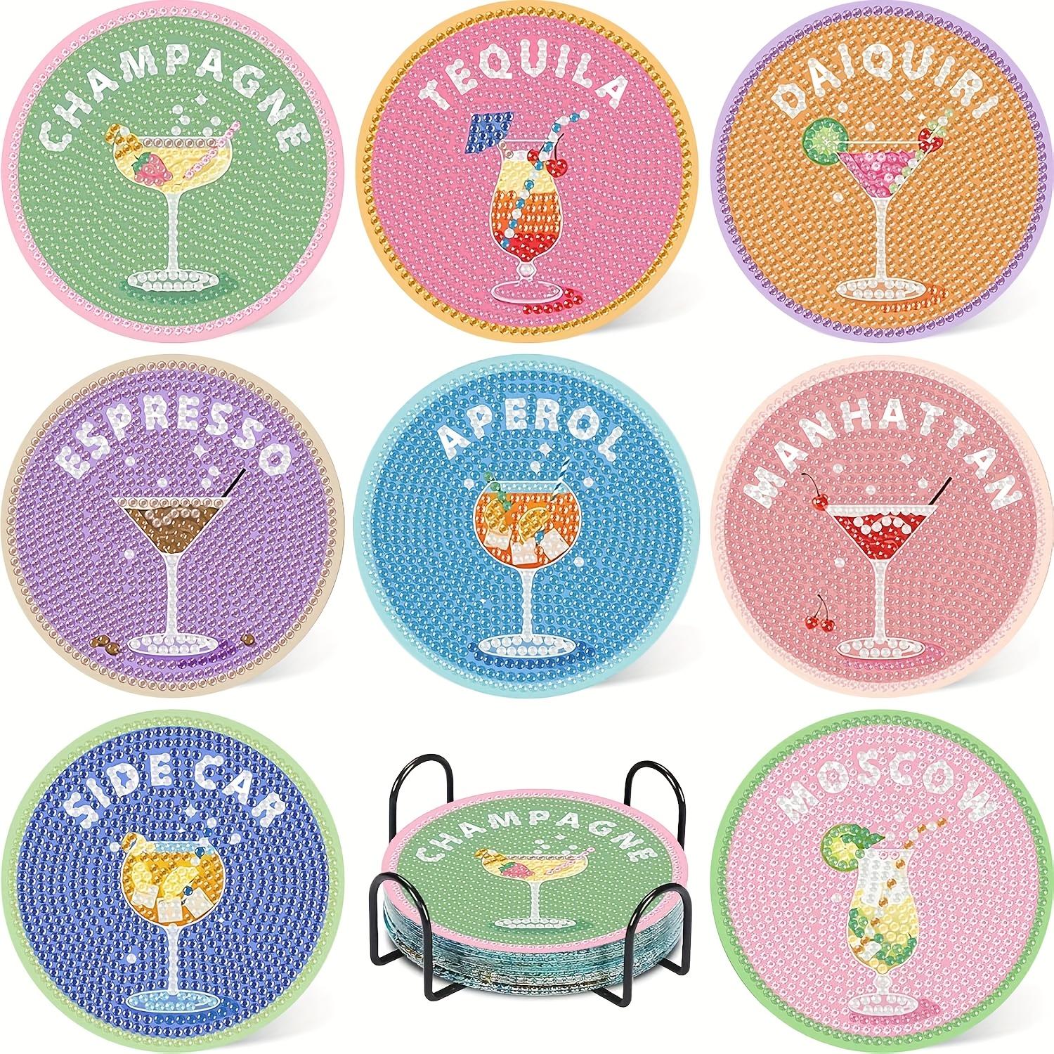 8-piece set with bracket diamond painting coaster, creative wine glass pattern coaster set, sparkling diamond art wooden mosai
