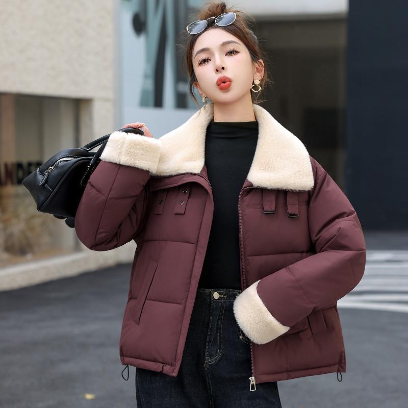 Winter Locomotive Style Casual Loose Imitation Lamb Wool Warm Short Lapel Cotton Coat Women