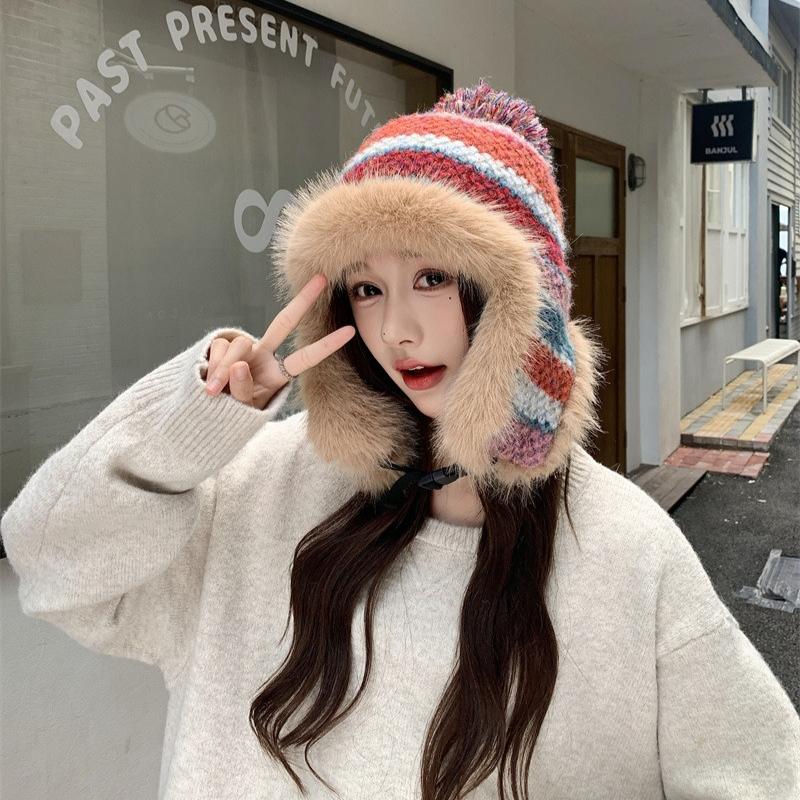 Warm Knitted Hat Women's Winter Color Striped Lei Feng Hat Outdoor Plush Hat