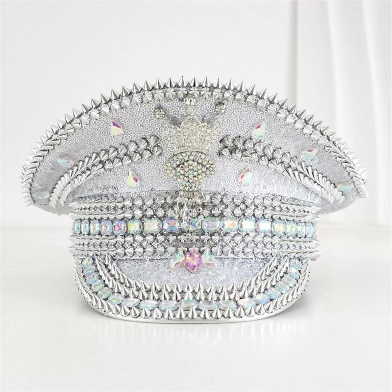 Captain Cap With Sparkling Crystals Sequins Rivet Studdeds For Daily Wear Outdoor Event And Special Occasion Photoshoots
