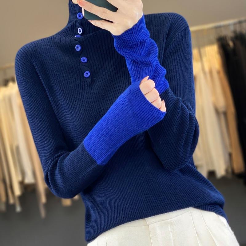 IHUASU Half Open Turtleneck Jumper Women's Autumn and Winter Design Sense of Colour Blocking Wool Knitted Bottoming Shirt