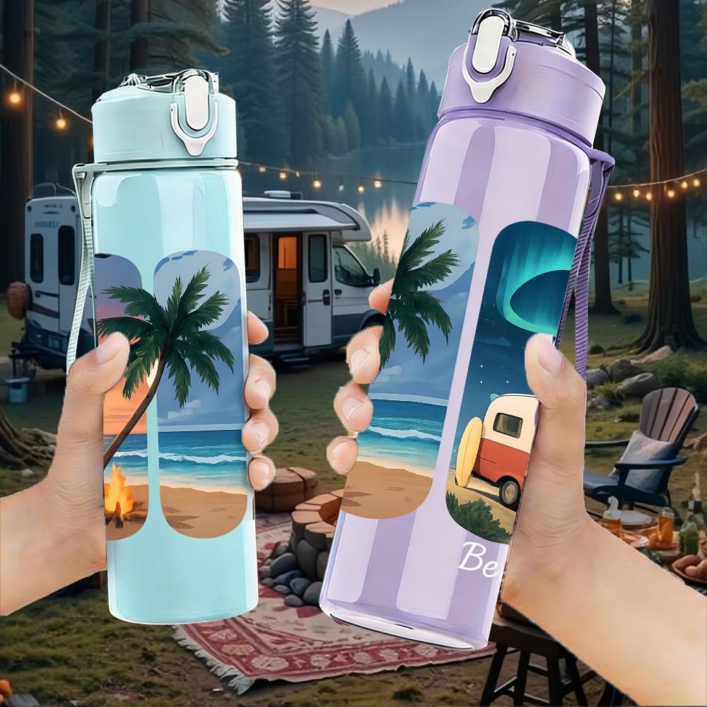 1PC Camper Van Tropical Coast Print 750ml Color Plastic Sports Water Bottle Leakproof Flip Straw Lid Suitable for Sports Office Home Use