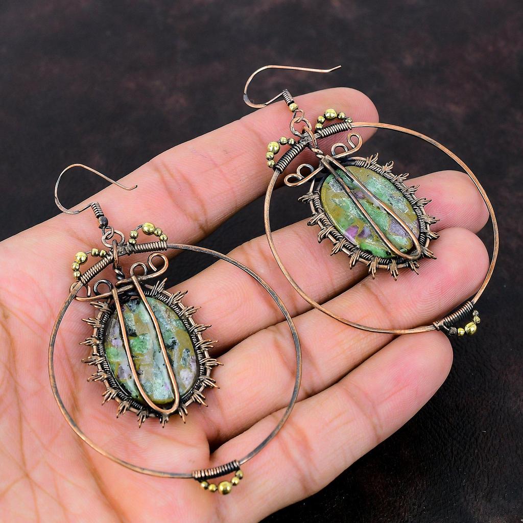 Copper Ruby Zoisite Earring Copper Wire Wrapped Earrings Genuine Gemstone Jewelry Brand New Earring Copper Jewelry For Gift Handmade Earring