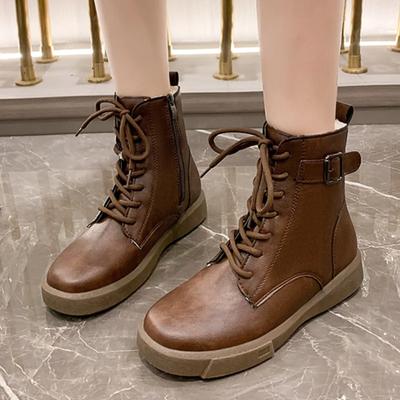 Sapatos Femininos Moda 2024 Cadarço Botas Femininas Inverno Bico Redondo Sólido Pelúcia Lã para Aquecimento Cano Curto Rasteira Tamanho Grande