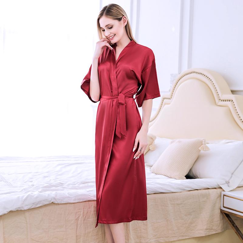 Women's Long Silk-Like Bathrobe - Solid Color Kimono Cardigan for Brides or Lounging