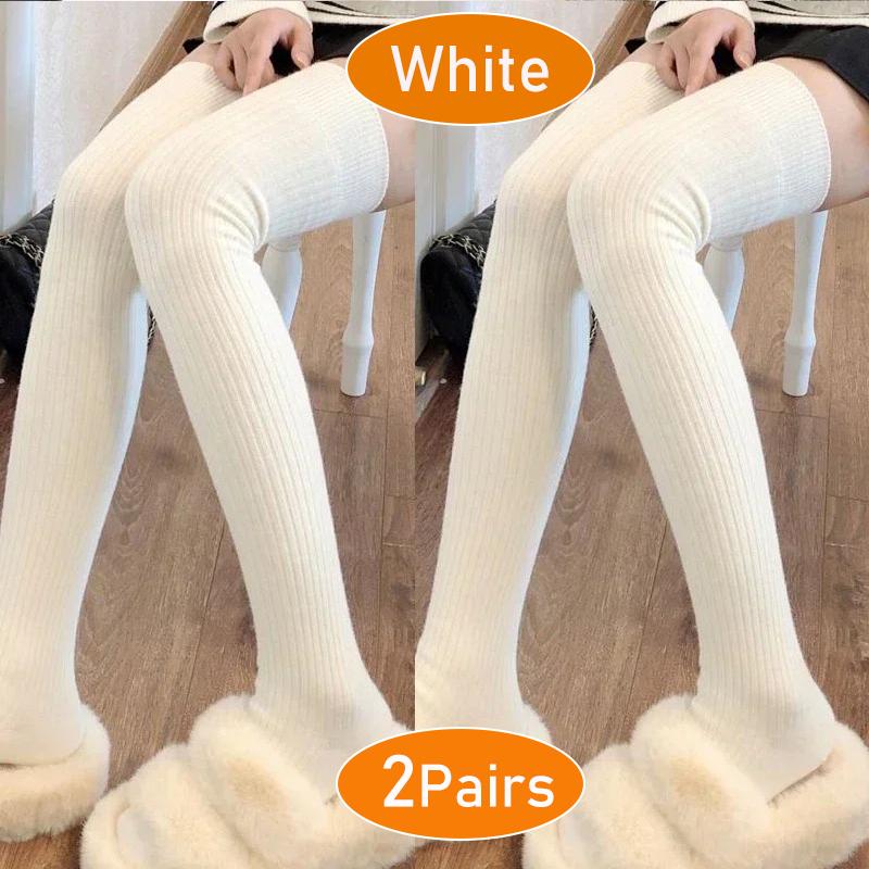 Kaschmir Strick Kniestrümpfe Damen Einfarbig Weich Lange Wollsocken Freizeit Flauschig Warm Strumpf Skinny Verdickt Oberschenkelhohe Socken One Size white