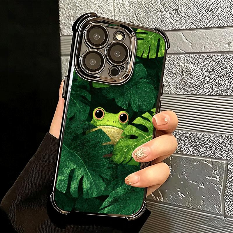 Cute Cartoon Frog Plating Phone Case For Iphone 16 17 Pro Max Air 16E 14 15 Plus 12 13 Mini Anti-Fall Airabag Cover