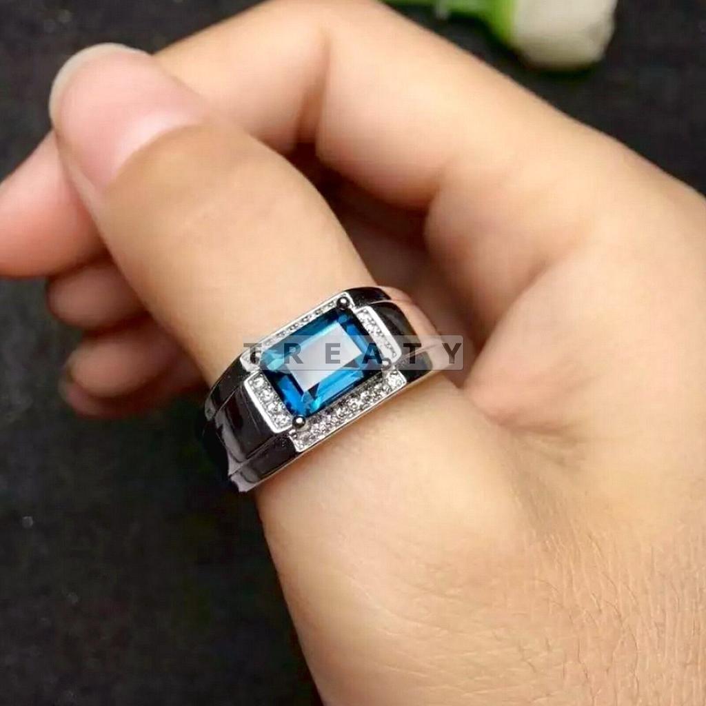 Blue Topaz Emerald Cut Gemstone With 925 Sterling Silver Ring For Men's #35 JL375718203675