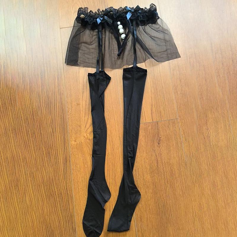 Sexy Mesh Dress Strap Aurora Stockings with Pearl Massage No-Remove Ultra-Thin Smooth Glossy Erotic Black Stockings for Women