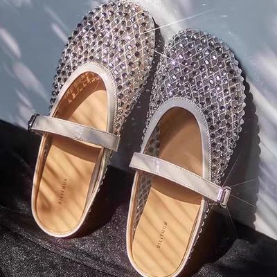 2025 Summer New Woven Hollow Mesh Rhinestone Flat Bottom Half Bag Head Slippers Women Wear Summer Breathable One Pedal