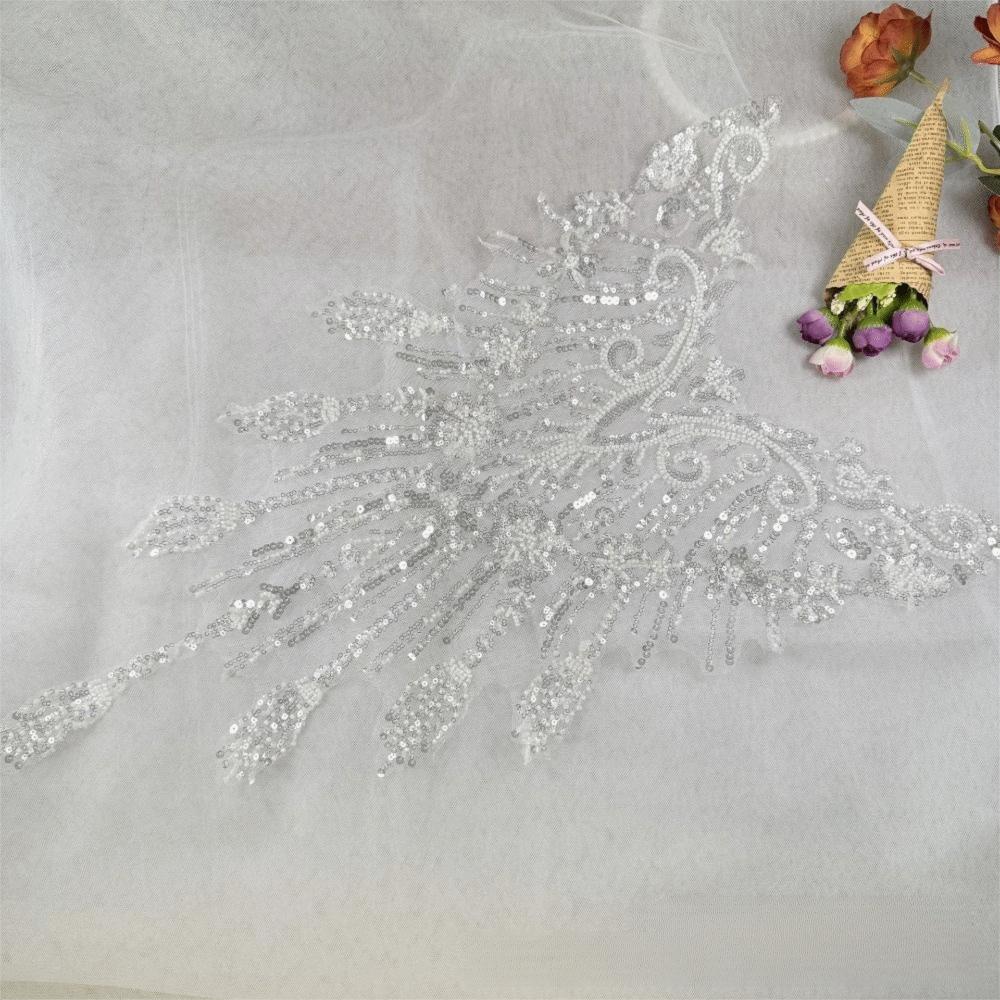 White Beaded Sequins Lace Patch Silver Sequin Wedding Dress Applique Wedding Dress