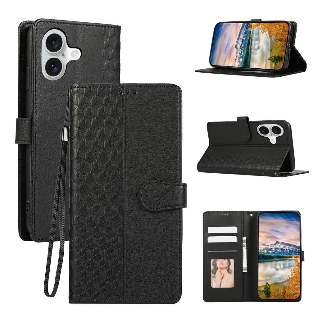 For iPhone 16 Case 3D Rhombus Grid Imprinted Wallet Leather Phone Cover with Lanyard