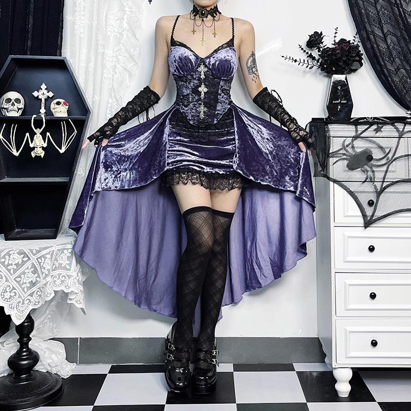 GlowGirl Goth Donker Prachtig Victoriaans Gotisch Fluweel A-lijn Jurken Vrouwelijk Elegant Avond Lolita Feestkleding Grunge Band Kant Zoom Alternatieve Stof