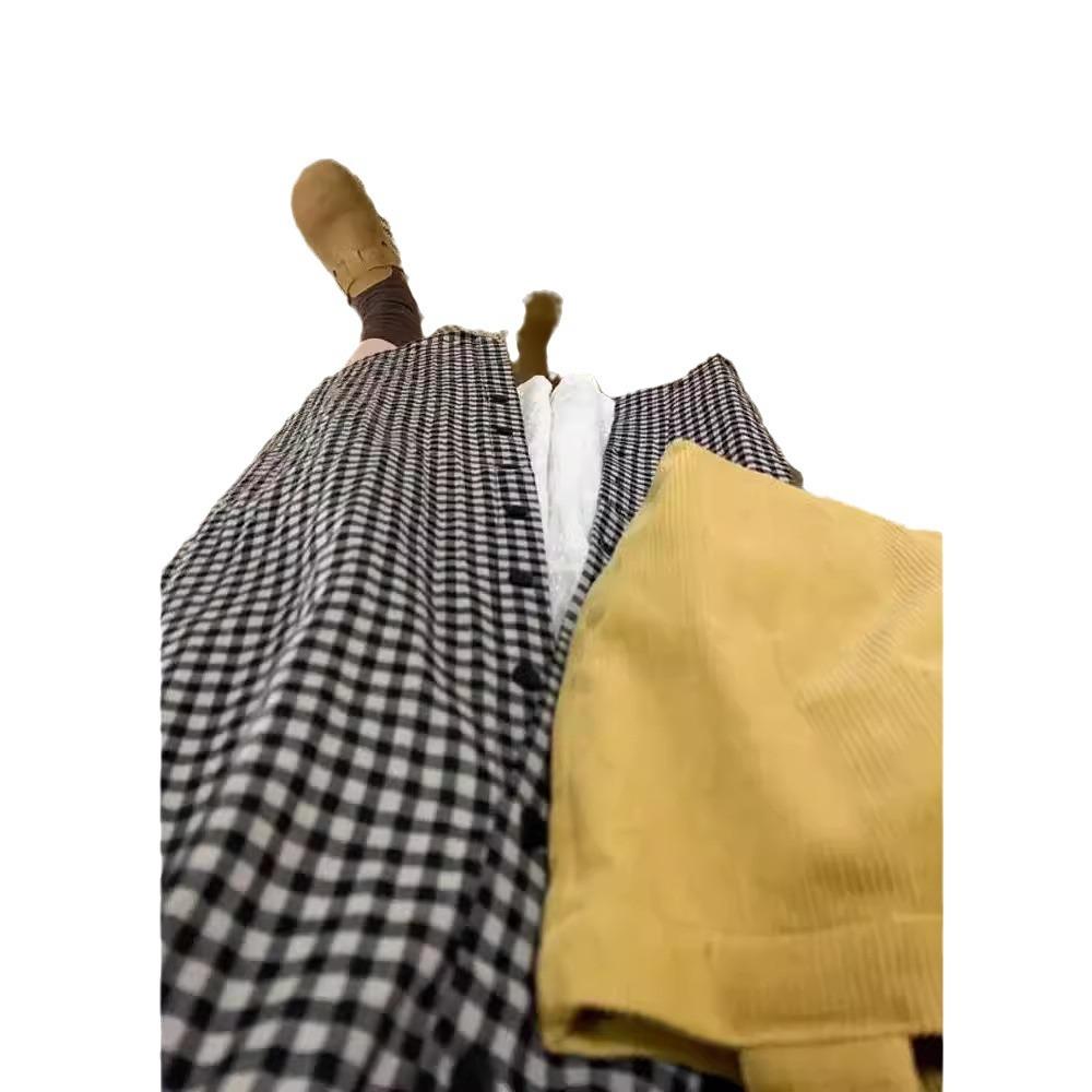 Retro plaid long-sleeved shirt skirt 2025 autumn stacking lazy style small temperament cotton and linen dress