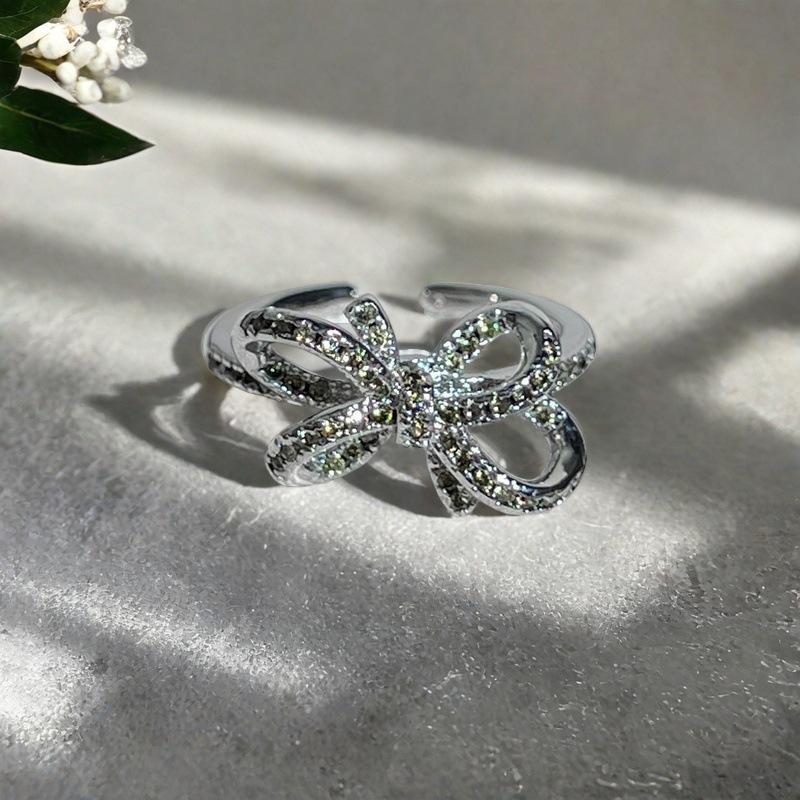 Olive Green Zircon Exquisite Colored Treasure Open Ring Women'S Light Luxury Full Diamond Bow High-End Ring