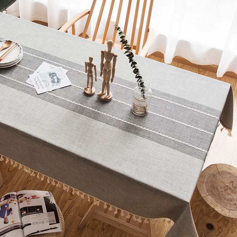 

Manyue Japanese Style Cotton Linen Retro Tablecloth Artsy round Table Coffee Table Dining Table Fabric Rectangular Tassel Tablecloth YM three lines gray bottom + tassels 100*140cm