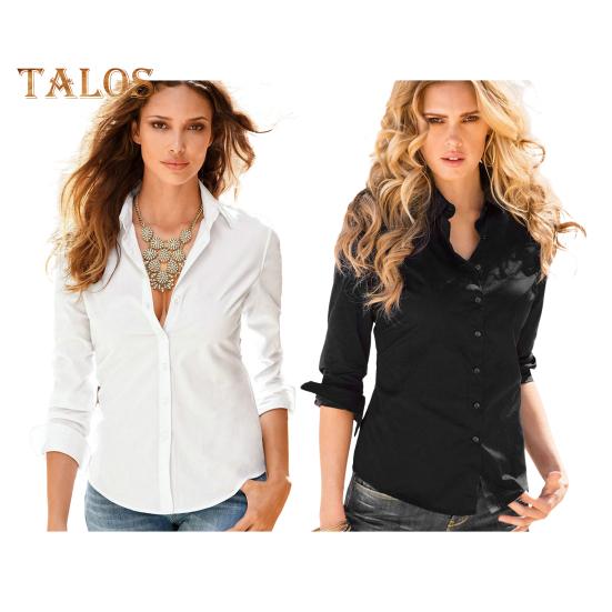 Women Slim Fit Shirt Cotton Long Sleeve Single-Breasted Blouse Solid Color Spring Autumn Lapel Shirt for Work Party Dating