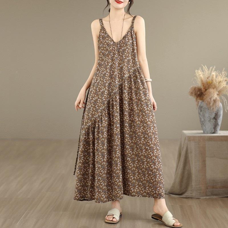 Sleeveless Strap Cotton Vintage Floral New in Dresses For Women Casual Loose Long Summer Dress Elegant Clothing