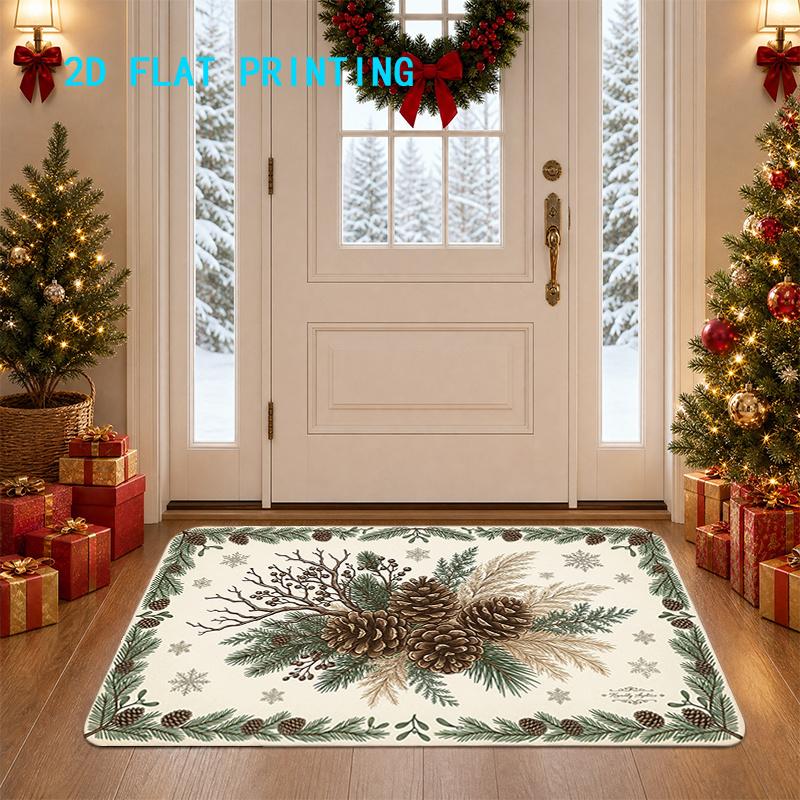 1pc 2D Flat Christmas Pine Cone and Pine Branch Entry Rug, Winter‑Style Decor Mat for Home, Entryway, Hallway, Bathroom