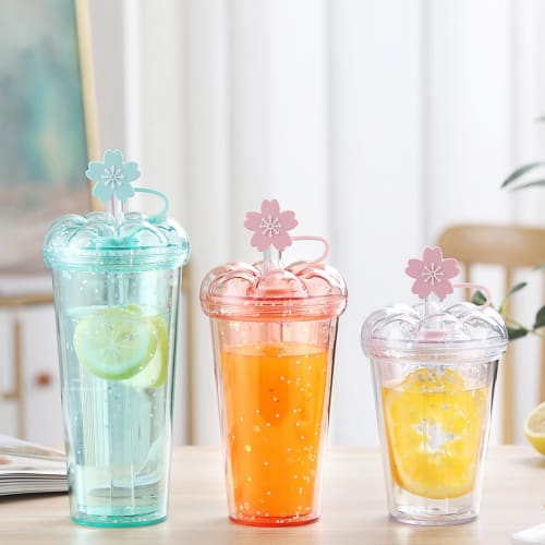 FLYILIA Tumbler with Straw, Plastic Straw Cup, Cherry Blossom Design, Double-Walled Water Bottle with Lid, Stylish Heat and Cold Resistant, Vacuum Ins