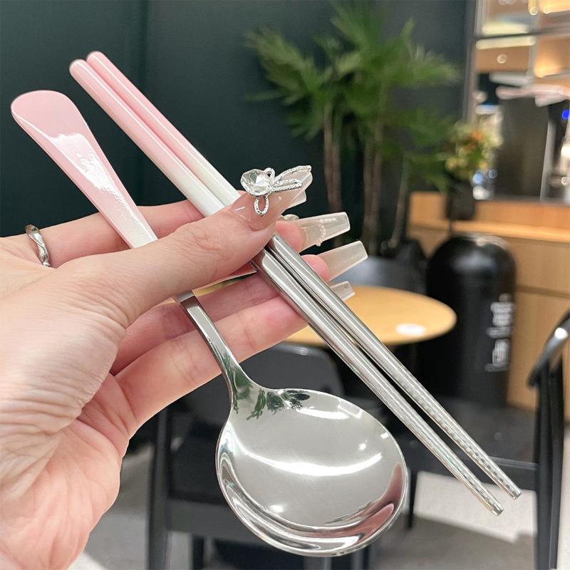 Stainless Steel Portable Cutlery Set Spoon Chopsticks Student Travel Korean Style Portable Cutlery Set With Box Kitchen Supply