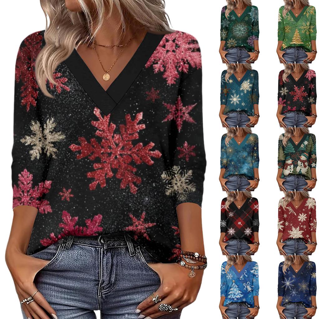 Women's Loose Comfortable Casual Fashion V-Neck Christmas Print 3/4 Sleeve Top