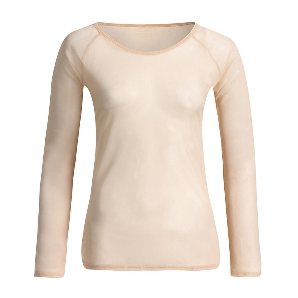 Women See-Through Long Sleeve Seamless Arm Shaper Top Mesh Shirt Blouse