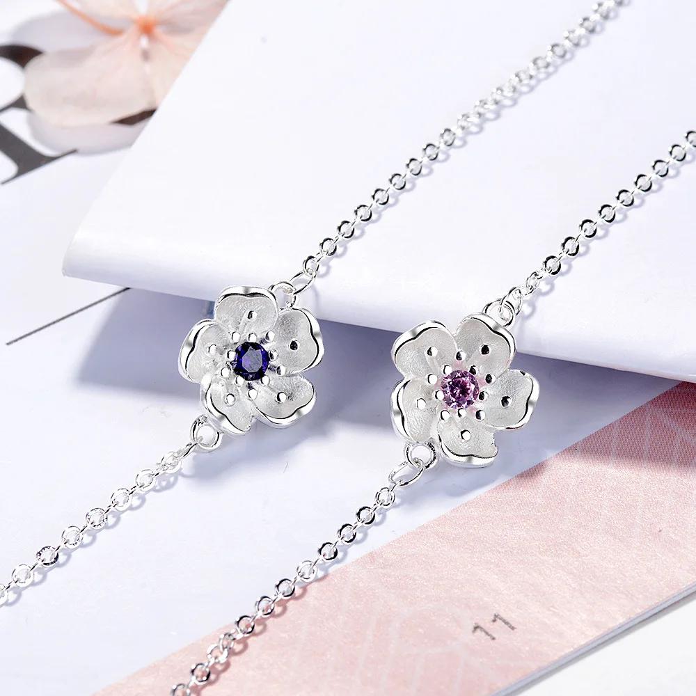New Arrival  Silver Color Pink/Purple Cherry Blossom Flower Zircon Bracelet for Women Pulseira Feminina  Gift