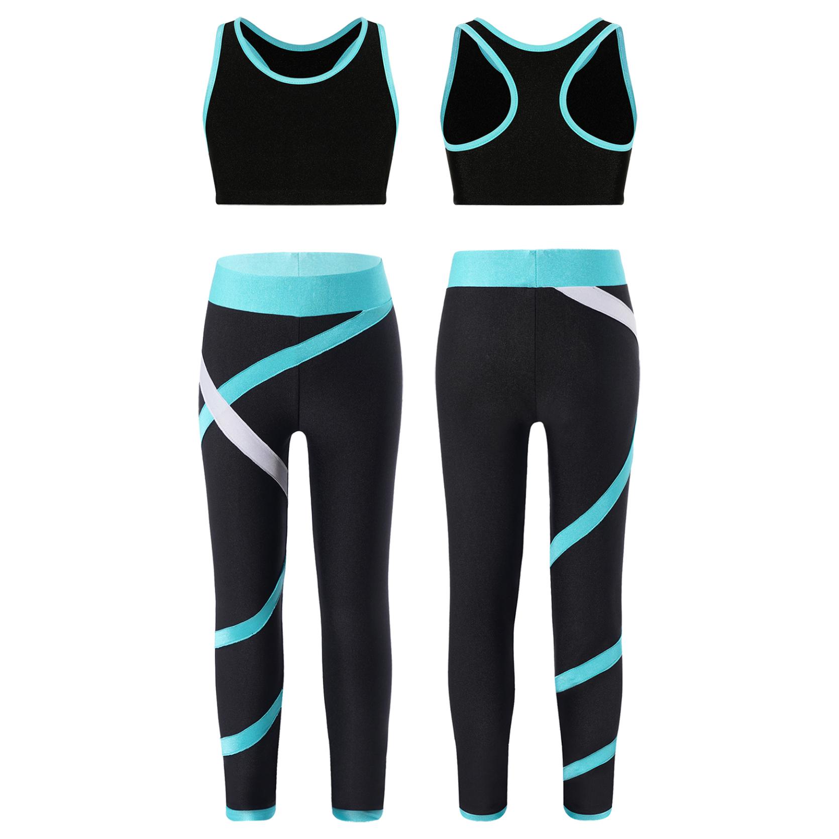 

Детский укороченный топ без рукавов для девочек с леггинсами с цветными блоками, спортивная одежда для джазовых танцев, катания на коньках и тренировок озеро зеленый