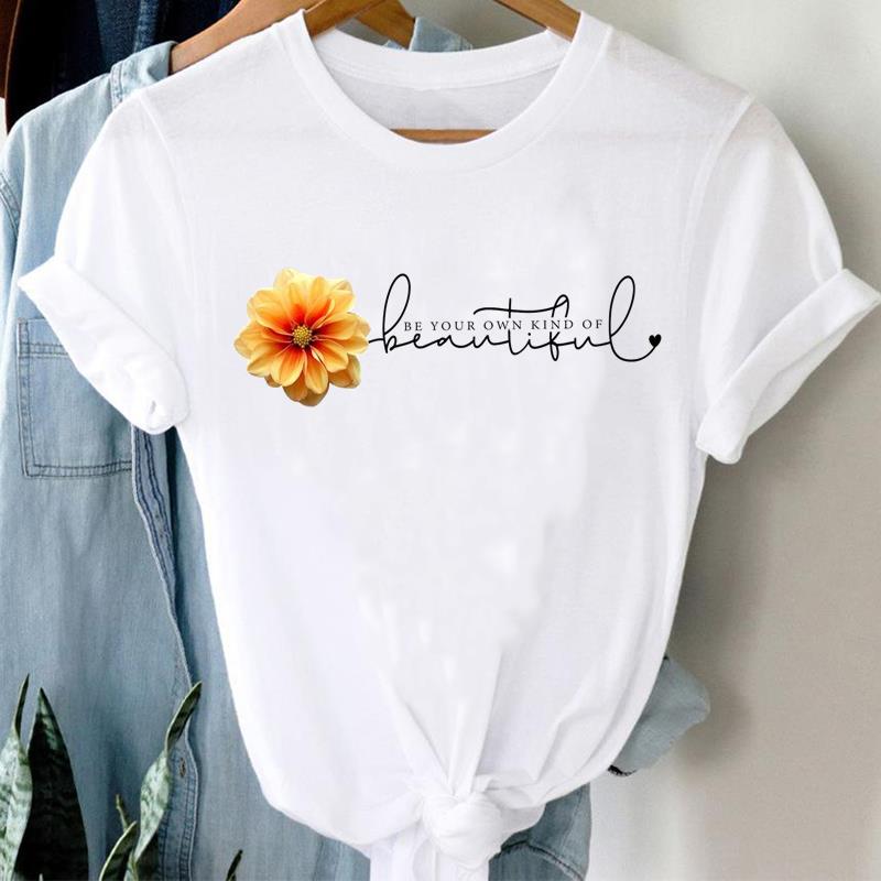 (Asian Size)  Clothing Tee  Sweet Flower Letter 90s Print Lady T Shirt Fashion Women Casual Top Short Sleeve Female Graphic T-shirts
