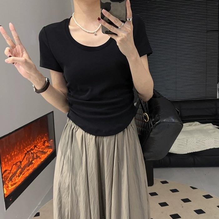 

Special Spice Girl Style U-Neck Short Sleeve T-Shirt Women s Pleated Irregular Design Sense Summer New Versatile Short Top Tide S чёрный