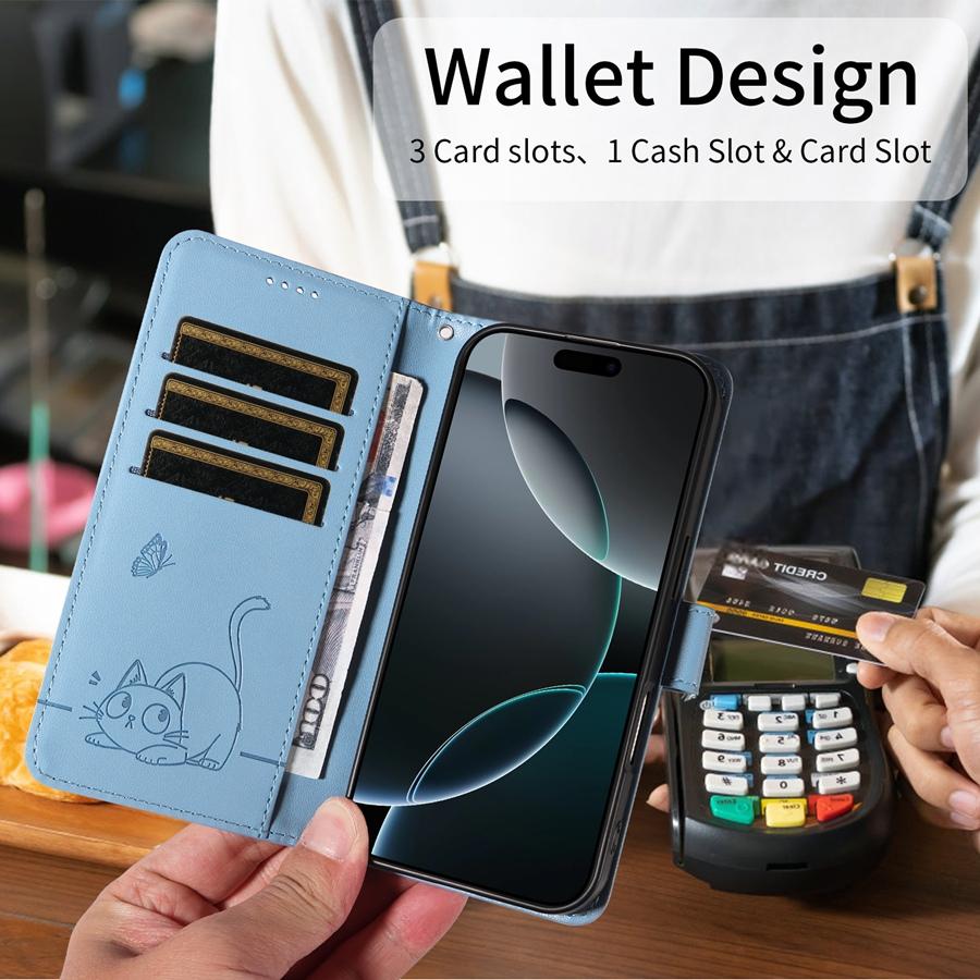 Embossed Butterfly and Cat Flip Case with 3 Card Slots and Stand for iPhone/Samsung/Xiaomi Redmi PU Leather Phone Wallet Case with Hand Strap