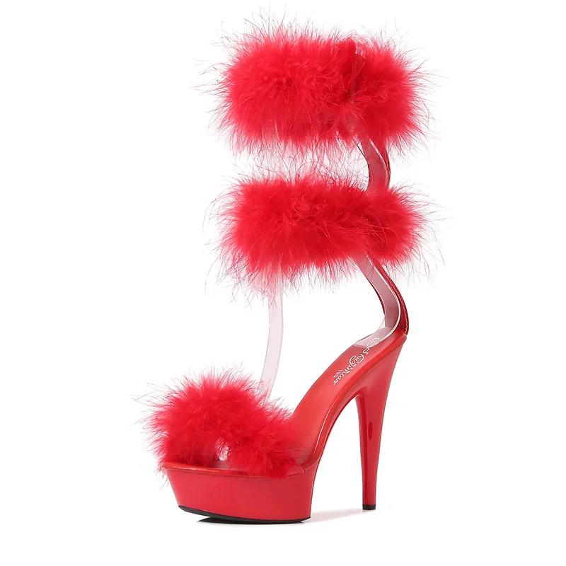 Fashion Feather Sandals Women Furry High Heels Ankle Plush Sandals Woman Transparent Heels With Fur Stripper Heeled Sandal Women Evening