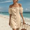 Damen schulterfrei kurzärmlig farbig casual Kleid mit Taschen für den Urlaub